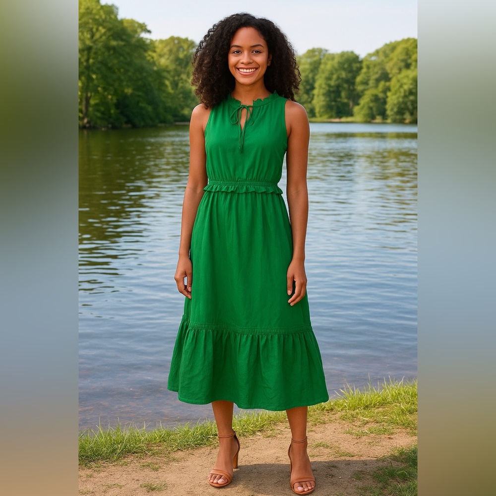 J. Crew Emerald Ruffle Neck maxi dress